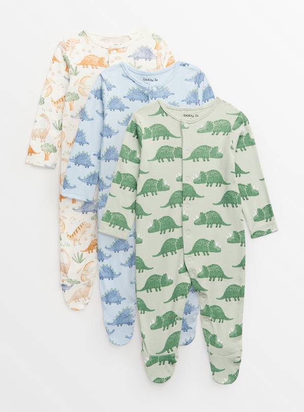 Dinosaur Print Long Sleeve Sleepsuits 3 Pack Up to 1 mth